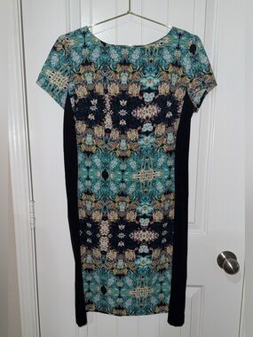 Xhilaration Teal Floral Mosaic Midi Dress with Black Panels